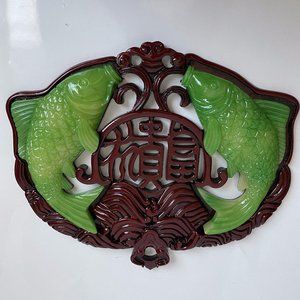 Beautiful Vintage Feng Shui Chinese Good Luck Green Resin Koi Fish Wood Wall Han